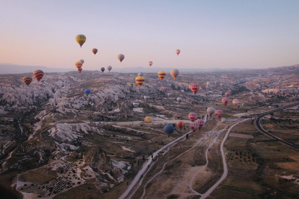 landscape with hot air balloons